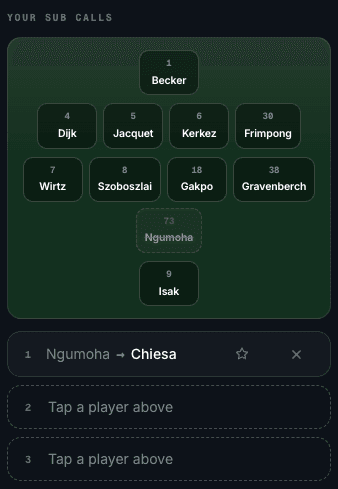 The Choose your subs picker: a saved Liverpool XI with Ngumoha selected, and a first sub call reading Ngumoha to Chiesa.